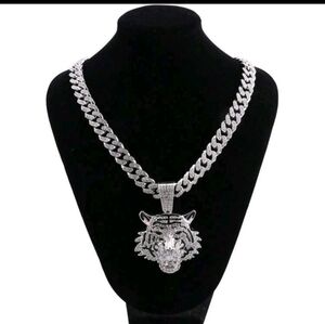 Iced Out Full Rhinestone Jumbo Tiger Head Pendant 3" & Cuban Chain Necklace 20"